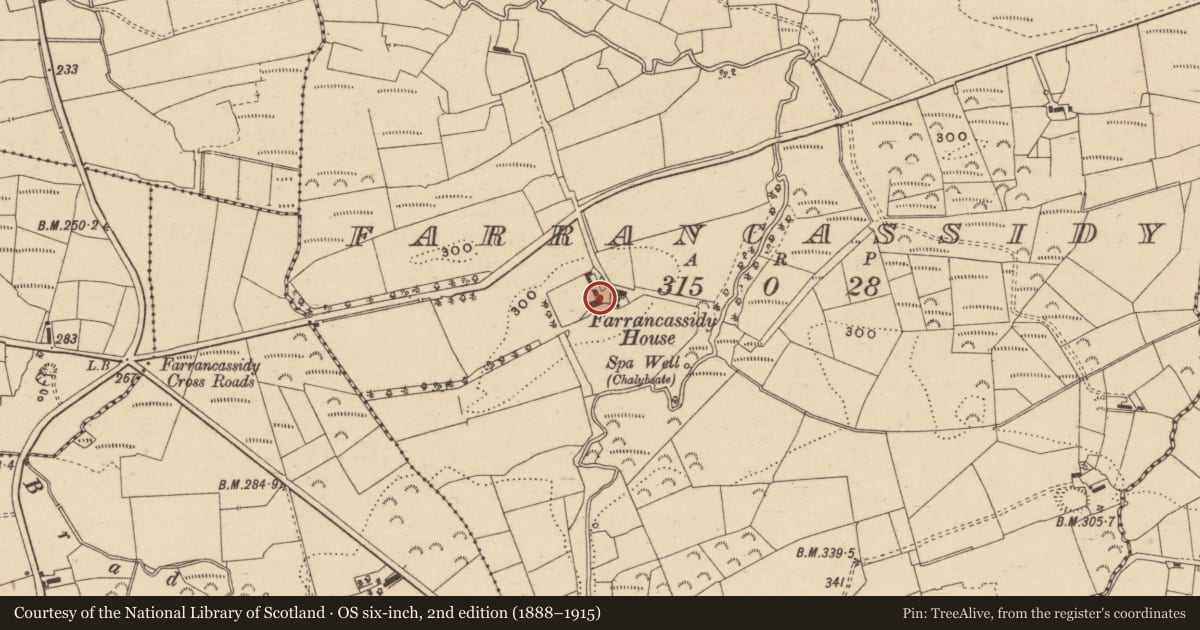 Ordnance Survey six-inch map, 2nd edition (1888–1915) covering the location of Farrancassidy House, Fermanagh and Omagh, with a pin at the register's coordinates