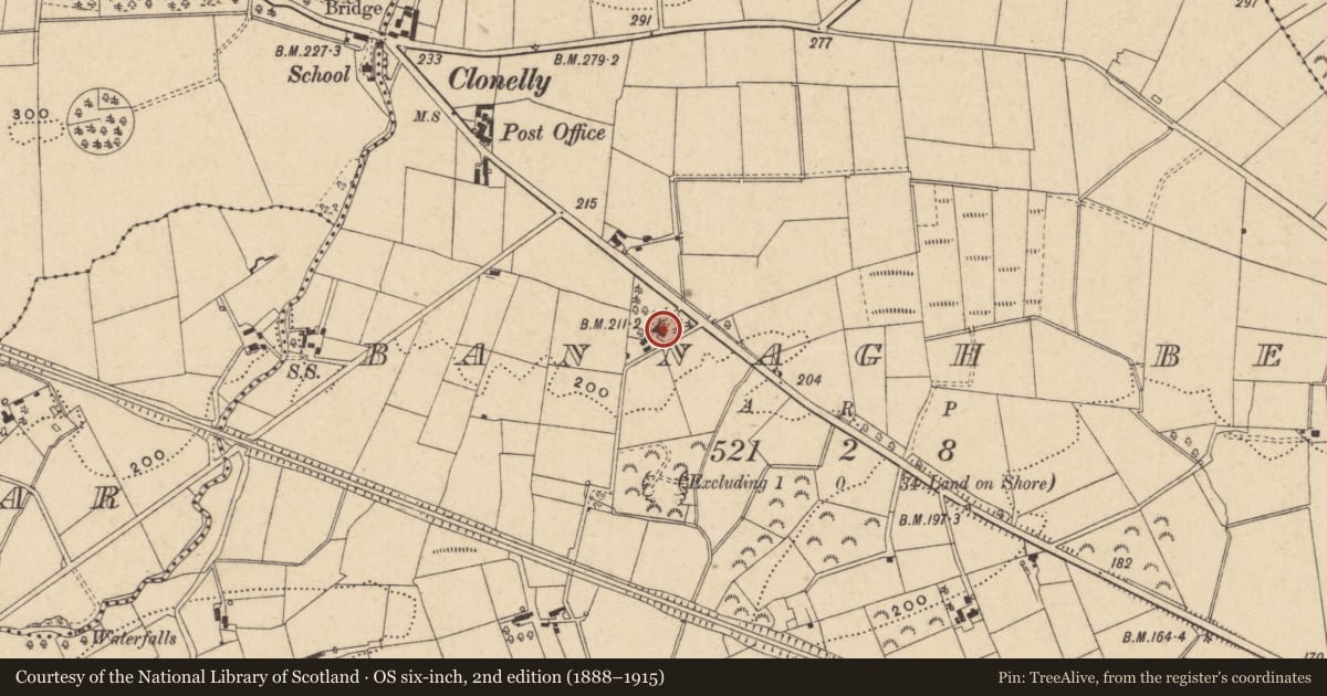 Ordnance Survey six-inch map, 2nd edition (1888–1915) covering the location of Bannagh Lodge, Fermanagh and Omagh, with a pin at the register's coordinates