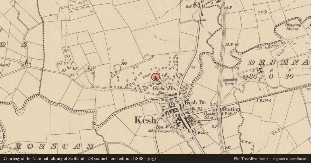 Ordnance Survey six-inch map, 2nd edition (1888–1915) covering the location of Drumkeeran House, Fermanagh and Omagh, with a pin at the register's coordinates