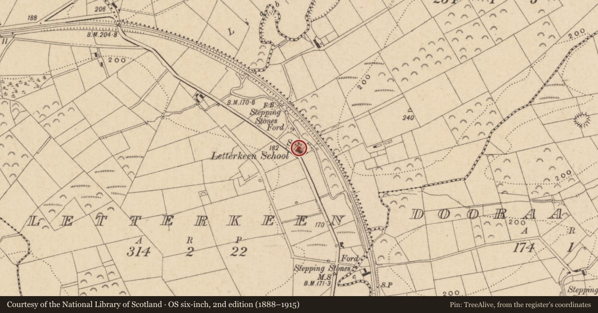 Ordnance Survey six-inch map, 2nd edition (1888–1915) covering the location of Letterkeen House, Fermanagh and Omagh, with a pin at the register's coordinates