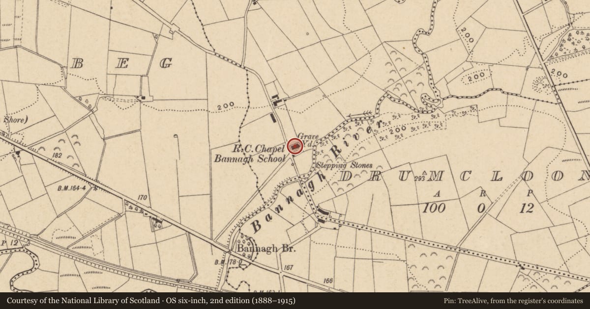 Ordnance Survey six-inch map, 2nd edition (1888–1915) covering the location of St Mary's RC Church, Bannagh More, Fermanagh and Omagh, with a pin at the register's coordinates