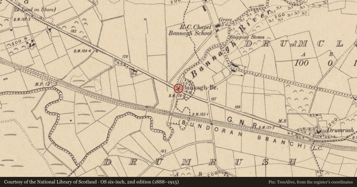Ordnance Survey six-inch map, 2nd edition (1888–1915) covering the location of Bannagh Bridge, Fermanagh and Omagh, with a pin at the register's coordinates
