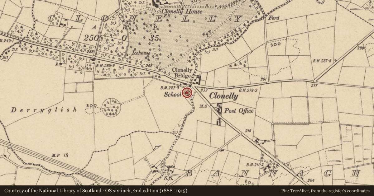 Ordnance Survey six-inch map, 2nd edition (1888–1915) covering the location of Former Clonelly County Primary School, Fermanagh and Omagh, with a pin at the register's coordinates