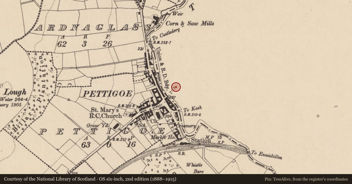 Ordnance Survey six-inch map, 2nd edition (1888–1915) covering the location of Memorial Plaque, Fermanagh and Omagh, with a pin at the register's coordinates