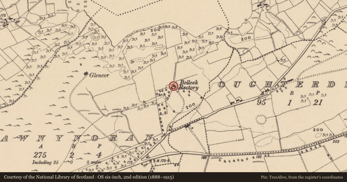 Ordnance Survey six-inch map, 2nd edition (1888–1915) covering the location of Tewrynoren House (Old Rectory), Fermanagh and Omagh, with a pin at the register's coordinates