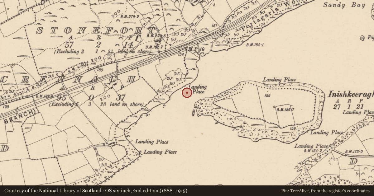 Ordnance Survey six-inch map, 2nd edition (1888–1915) covering the location of Inishkeeragh Bridge, Fermanagh and Omagh, with a pin at the register's coordinates