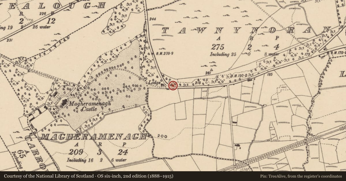Ordnance Survey six-inch map, 2nd edition (1888–1915) covering the location of Lodge To Former Magherameenagh Castle, Fermanagh and Omagh, with a pin at the register's coordinates