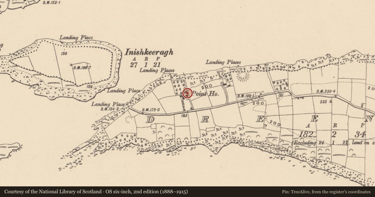 Ordnance Survey six-inch map, 2nd edition (1888–1915) covering the location of Point House, Fermanagh and Omagh, with a pin at the register's coordinates