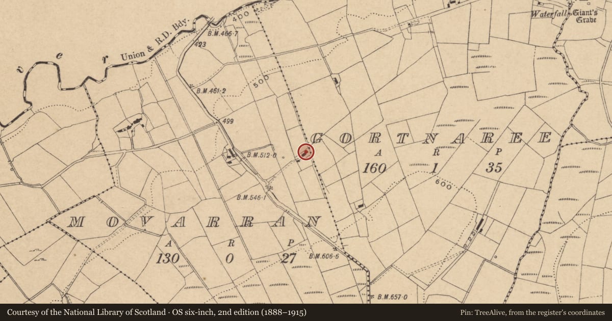 Ordnance Survey six-inch map, 2nd edition (1888–1915) covering the location of Farmhouse, Movarran, Fermanagh and Omagh, with a pin at the register's coordinates