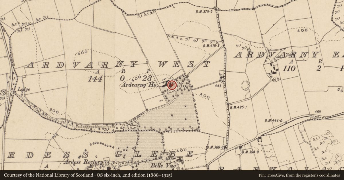 Ordnance Survey six-inch map, 2nd edition (1888–1915) covering the location of Ardvarney House, Fermanagh and Omagh, with a pin at the register's coordinates