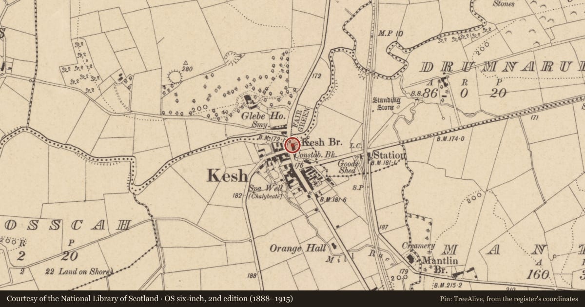 Ordnance Survey six-inch map, 2nd edition (1888–1915) covering the location of Lough Erne Hotel, Fermanagh and Omagh, with a pin at the register's coordinates