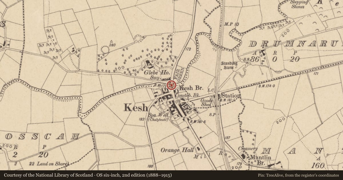 Ordnance Survey six-inch map, 2nd edition (1888–1915) covering the location of Kesh Bridge, Fermanagh and Omagh, with a pin at the register's coordinates
