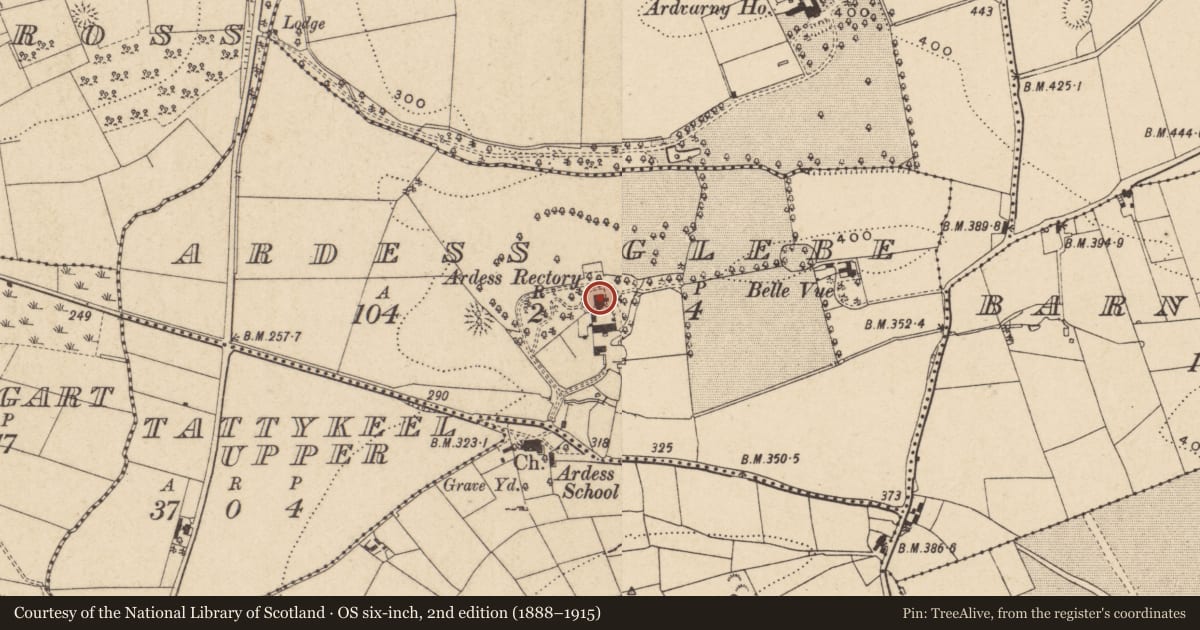 Ordnance Survey six-inch map, 2nd edition (1888–1915) covering the location of Ardess House, Fermanagh and Omagh, with a pin at the register's coordinates