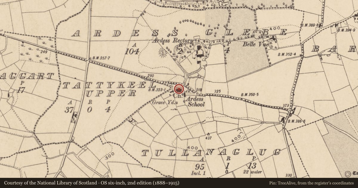 Ordnance Survey six-inch map, 2nd edition (1888–1915) covering the location of Magheraculmoney Church, Fermanagh and Omagh, with a pin at the register's coordinates