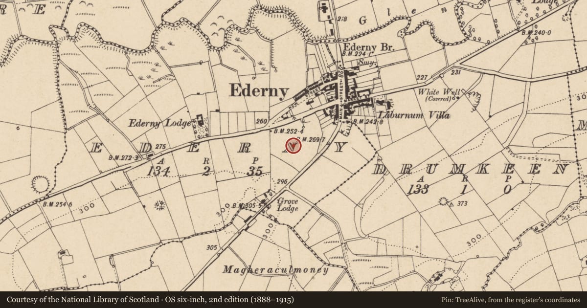 Ordnance Survey six-inch map, 2nd edition (1888–1915) covering the location of St Joseph'S Rc Church, Fermanagh and Omagh, with a pin at the register's coordinates