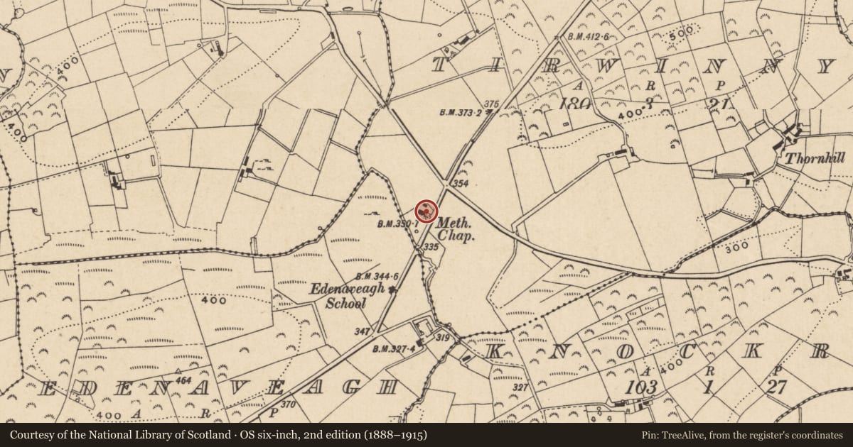 Ordnance Survey six-inch map, 2nd edition (1888–1915) covering the location of Tirwinny Methodist Church and Former Stable, Lisburn and Castlereagh, with a pin at the register's coordinates