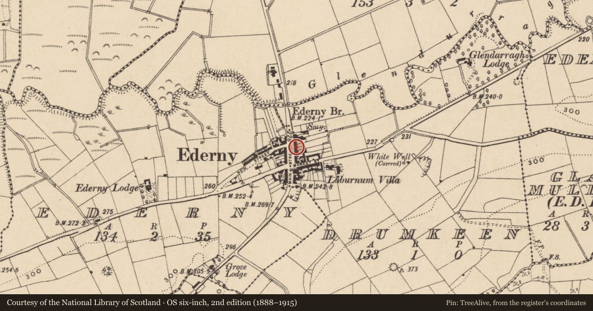 Ordnance Survey six-inch map, 2nd edition (1888–1915) covering the location of 15 Main Street, Drumkeen, Fermanagh and Omagh, with a pin at the register's coordinates