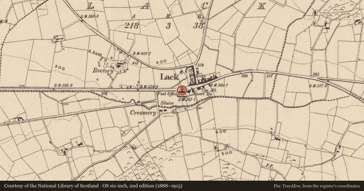 Ordnance Survey six-inch map, 2nd edition (1888–1915) covering the location of Telephone Kiosk, Lack, with a pin at the register's coordinates