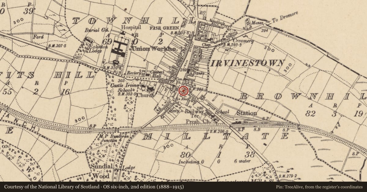 Ordnance Survey six-inch map, 2nd edition (1888–1915) covering the location of Clock Tower And Old Church Ruin, Fermanagh and Omagh, with a pin at the register's coordinates