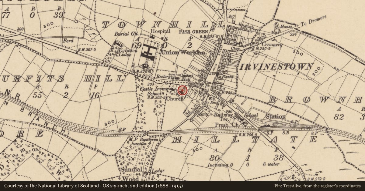 Ordnance Survey six-inch map, 2nd edition (1888–1915) covering the location of Derryvullan North Parish Church, Fermanagh and Omagh, with a pin at the register's coordinates