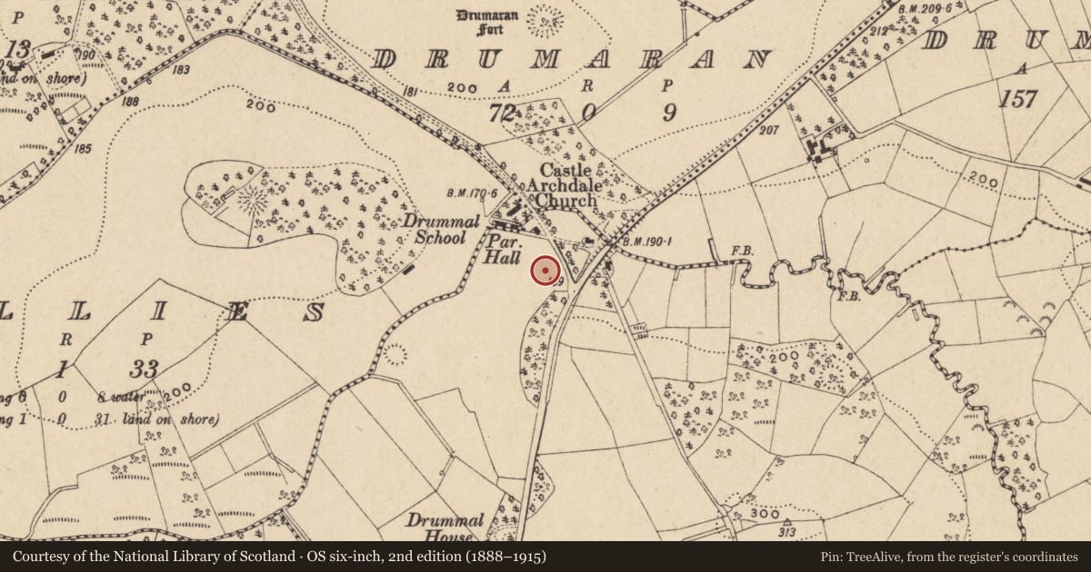 Ordnance Survey six-inch map, 2nd edition (1888–1915) covering the location of St. Patrick'S Church, Fermanagh and Omagh, with a pin at the register's coordinates