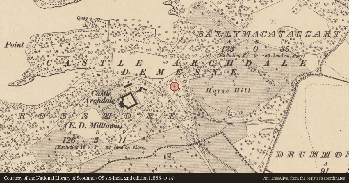 Ordnance Survey six-inch map, 2nd edition (1888–1915) covering the location of OUTBUILDINGS, Fermanagh and Omagh, with a pin at the register's coordinates