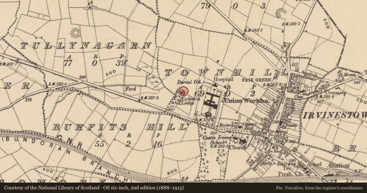 Ordnance Survey six-inch map, 2nd edition (1888–1915) covering the location of Eglington Lodge, Fermanagh and Omagh, with a pin at the register's coordinates