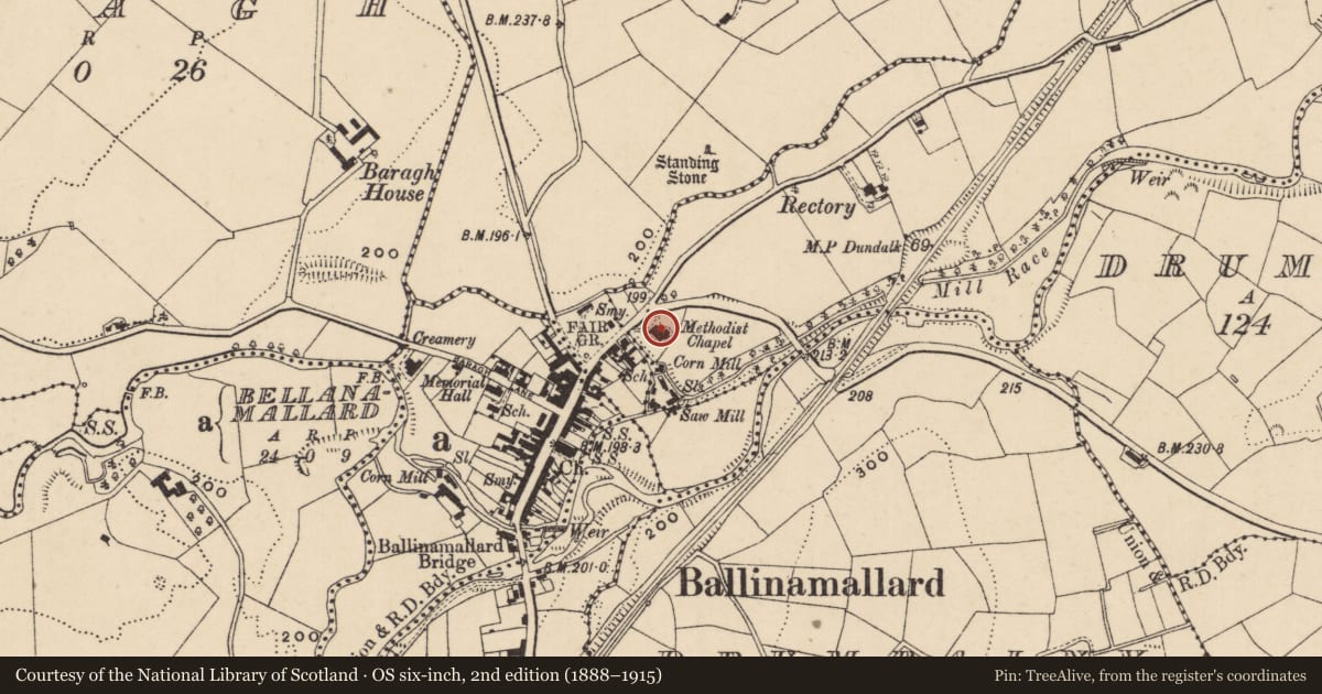Ordnance Survey six-inch map, 2nd edition (1888–1915) covering the location of Methodist Church, Fermanagh and Omagh, with a pin at the register's coordinates