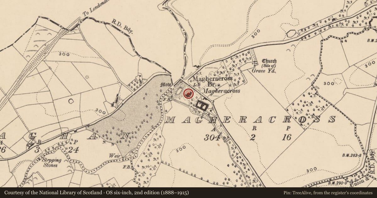 Ordnance Survey six-inch map, 2nd edition (1888–1915) covering the location of Magheracross House, Fermanagh and Omagh, with a pin at the register's coordinates