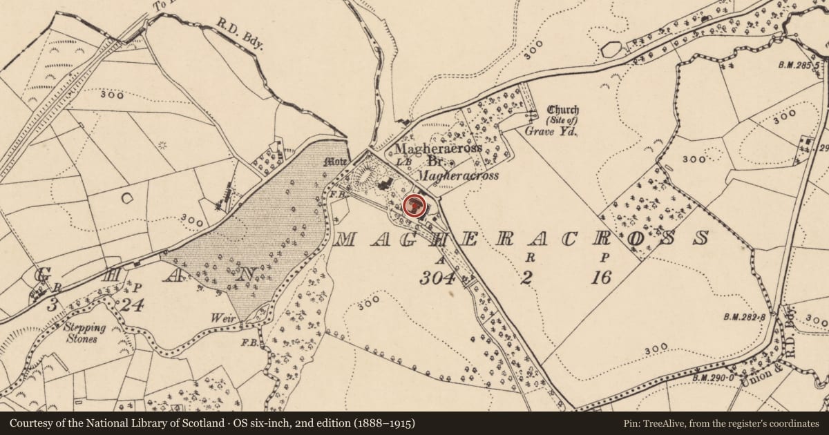 Ordnance Survey six-inch map, 2nd edition (1888–1915) covering the location of Coach Yard At Magheracross House, Fermanagh and Omagh, with a pin at the register's coordinates