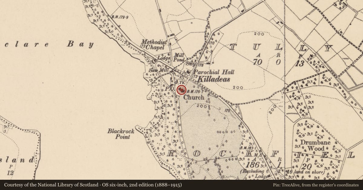Ordnance Survey six-inch map, 2nd edition (1888–1915) covering the location of The Priory Church, Fermanagh and Omagh, with a pin at the register's coordinates