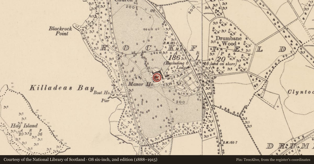 Ordnance Survey six-inch map, 2nd edition (1888–1915) covering the location of Manor House Hotel, Fermanagh and Omagh, with a pin at the register's coordinates