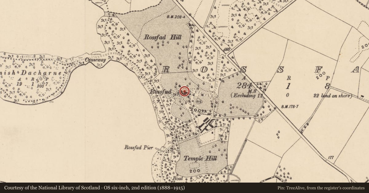 Ordnance Survey six-inch map, 2nd edition (1888–1915) covering the location of Rossfad House, Fermanagh and Omagh, with a pin at the register's coordinates