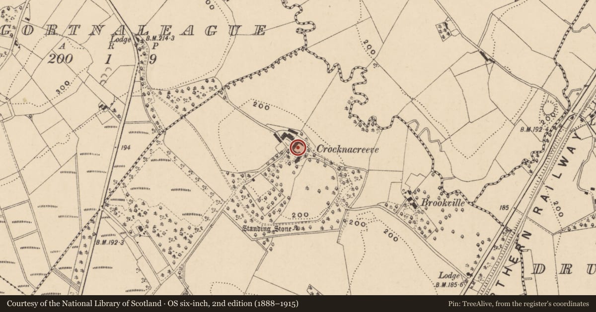 Ordnance Survey six-inch map, 2nd edition (1888–1915) covering the location of CROCKNACREEVE, Fermanagh and Omagh, with a pin at the register's coordinates