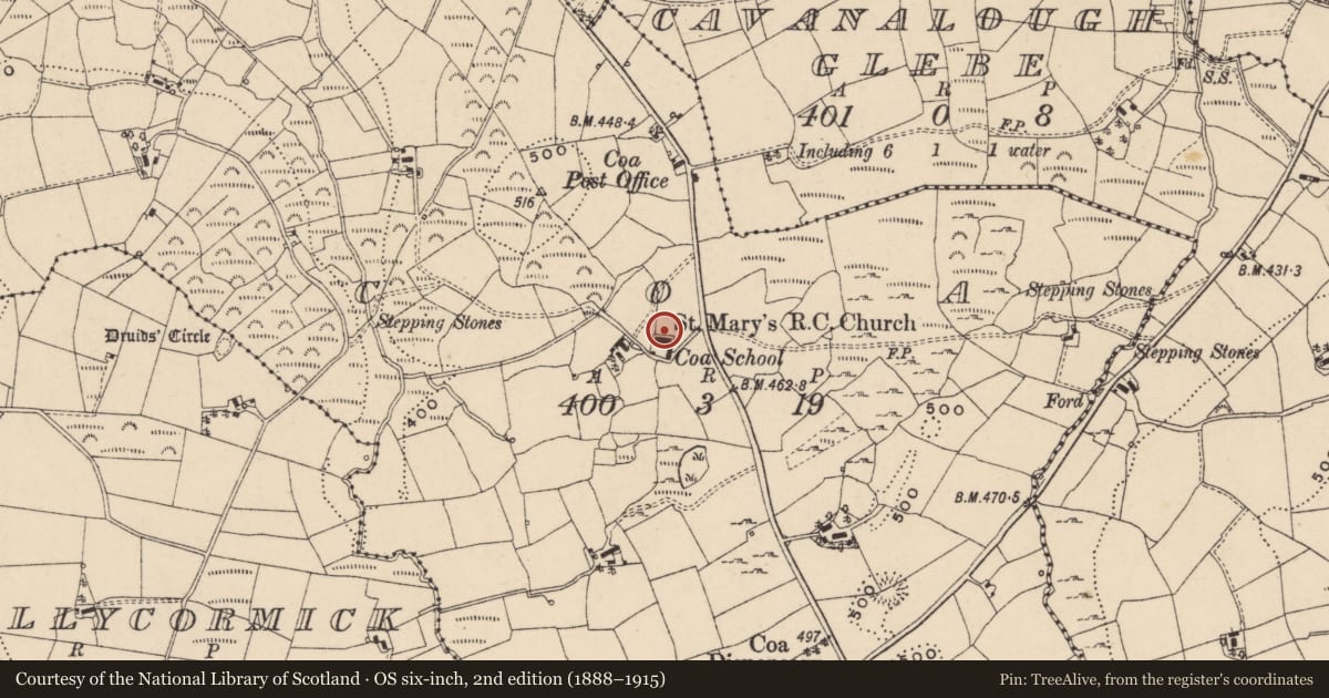 Ordnance Survey six-inch map, 2nd edition (1888–1915) covering the location of St. Mary'S R C CHURCH, Fermanagh and Omagh, with a pin at the register's coordinates