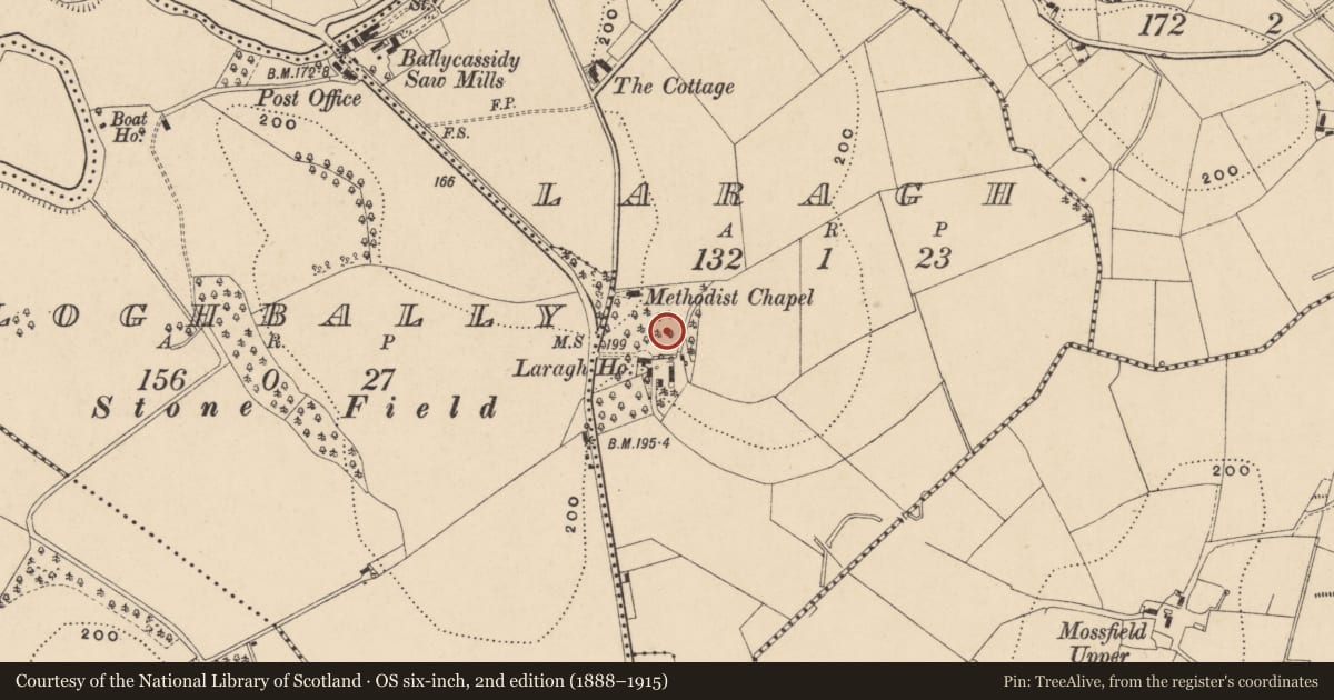 Ordnance Survey six-inch map, 2nd edition (1888–1915) covering the location of Lime Kiln At Laragh House, Fermanagh and Omagh, with a pin at the register's coordinates