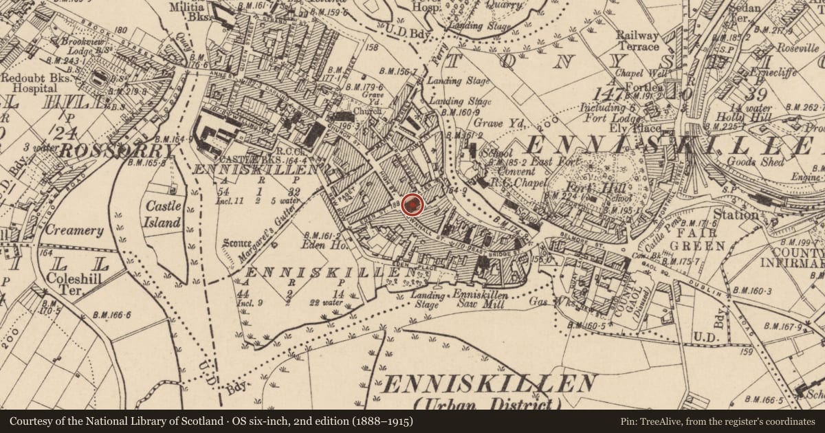 Ordnance Survey six-inch map, 2nd edition (1888–1915) covering the location of Town Hall, Fermanagh and Omagh, with a pin at the register's coordinates