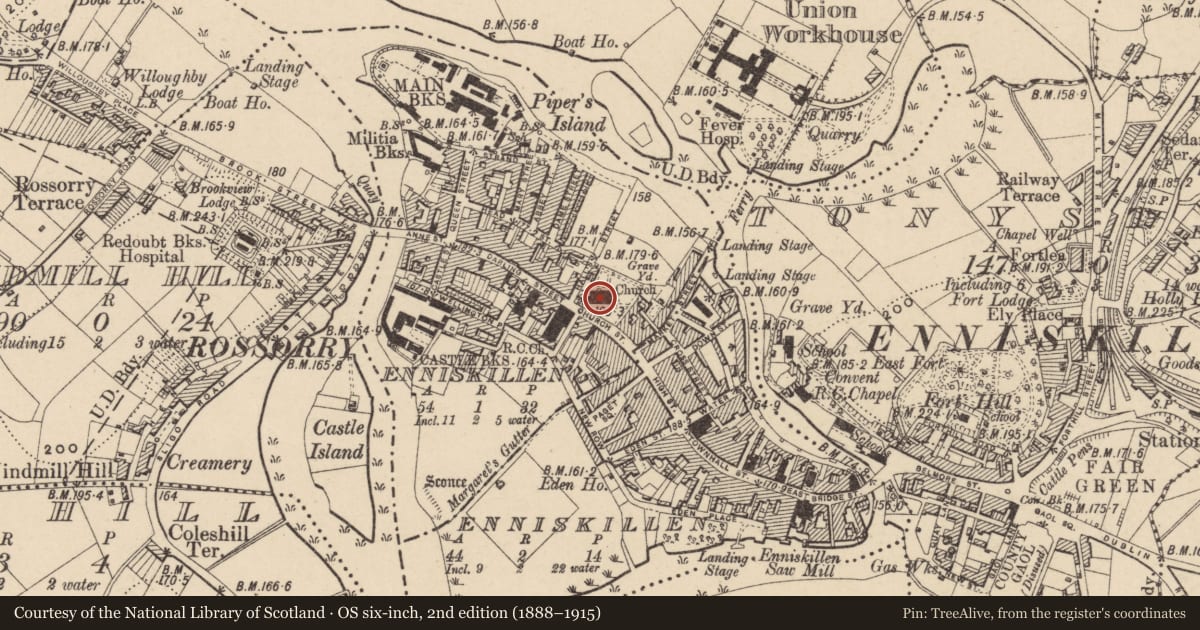 Ordnance Survey six-inch map, 2nd edition (1888–1915) covering the location of St. Macartin'S Cathedral, Fermanagh and Omagh, with a pin at the register's coordinates