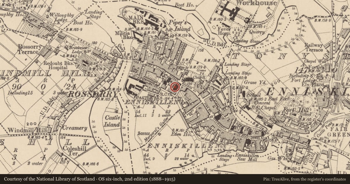 Ordnance Survey six-inch map, 2nd edition (1888–1915) covering the location of St.michael'S Rc Church, Fermanagh and Omagh, with a pin at the register's coordinates