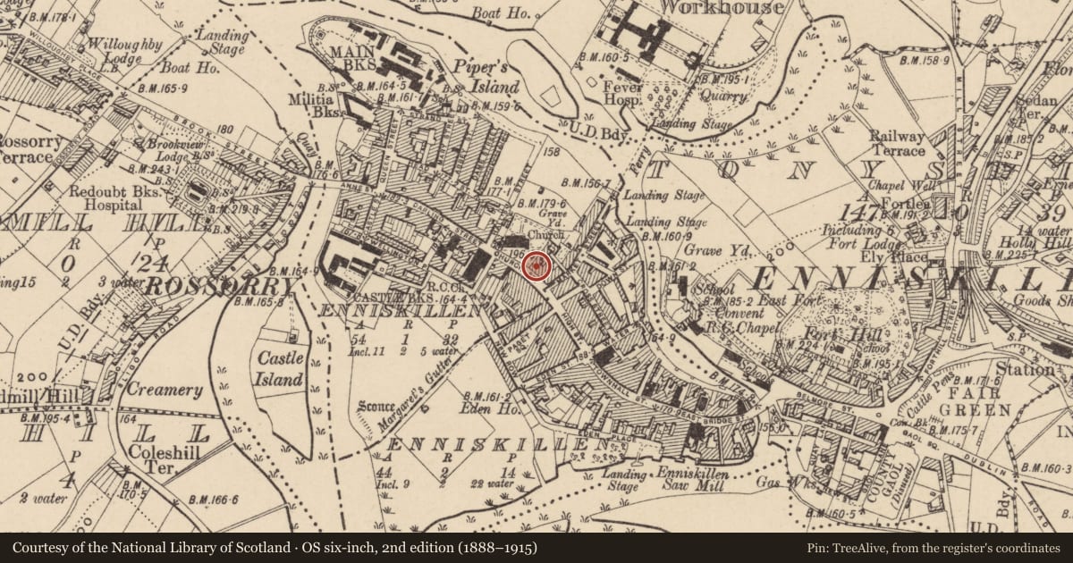 Ordnance Survey six-inch map, 2nd edition (1888–1915) covering the location of 9 Church St., Fermanagh and Omagh, with a pin at the register's coordinates