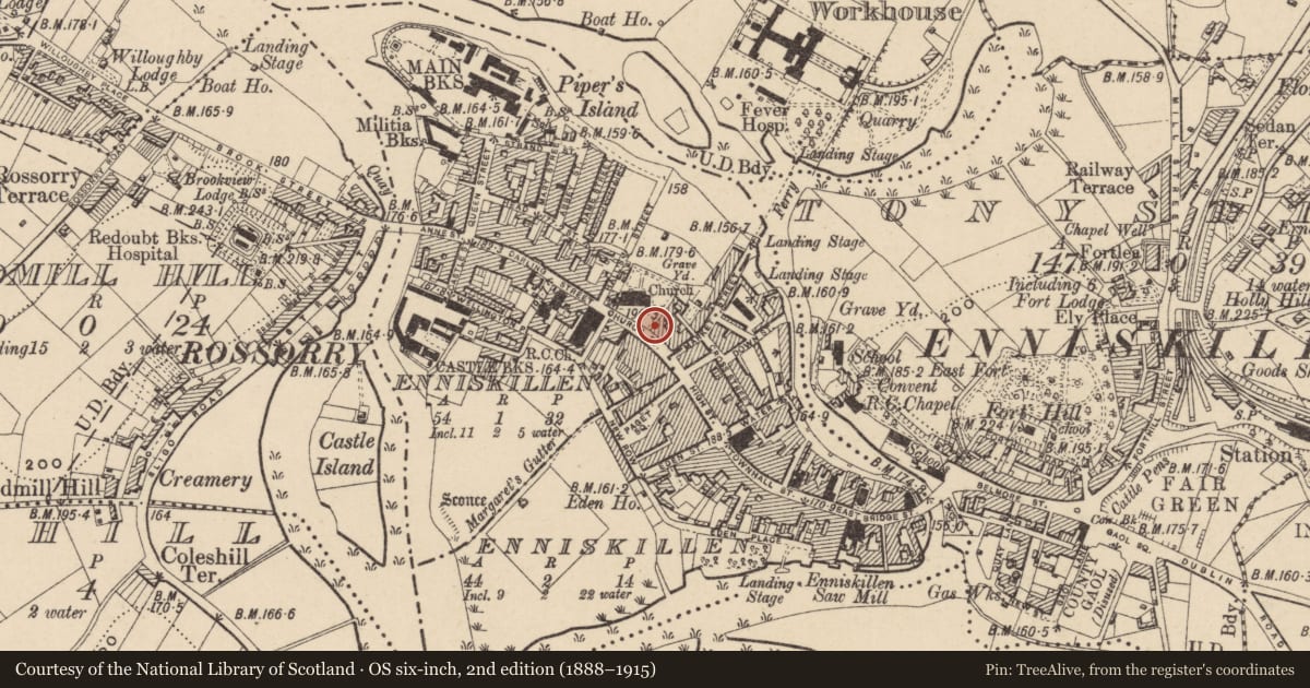 Ordnance Survey six-inch map, 2nd edition (1888–1915) covering the location of 11 Church St., Fermanagh and Omagh, with a pin at the register's coordinates