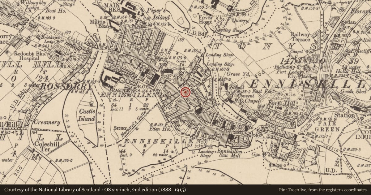 Ordnance Survey six-inch map, 2nd edition (1888–1915) covering the location of 21 High St., Fermanagh and Omagh, with a pin at the register's coordinates
