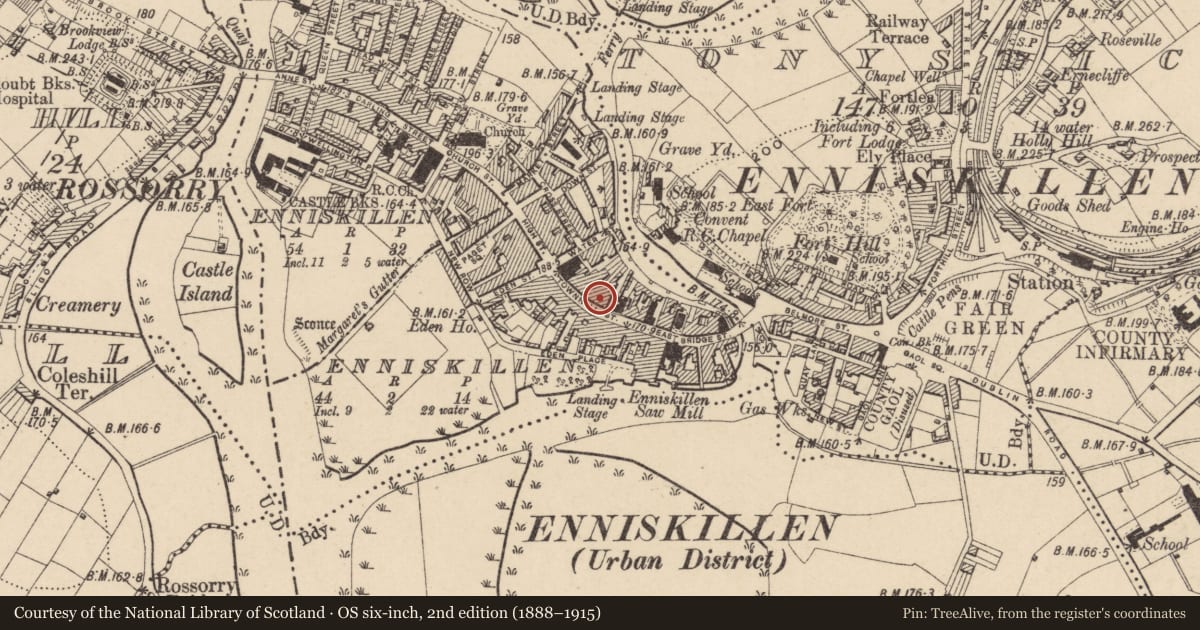 Ordnance Survey six-inch map, 2nd edition (1888–1915) covering the location of Fermanagh Times Office, Fermanagh and Omagh, with a pin at the register's coordinates