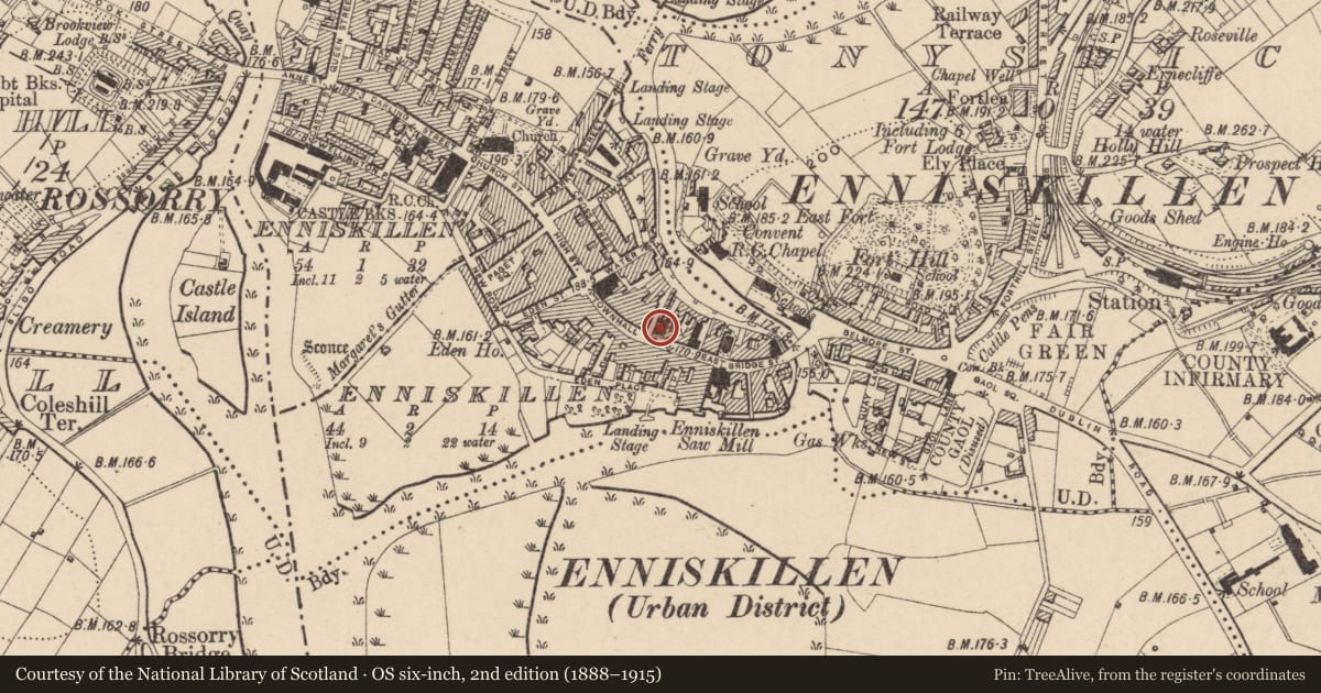 Ordnance Survey six-inch map, 2nd edition (1888–1915) covering the location of Northern Bank, Fermanagh and Omagh, with a pin at the register's coordinates