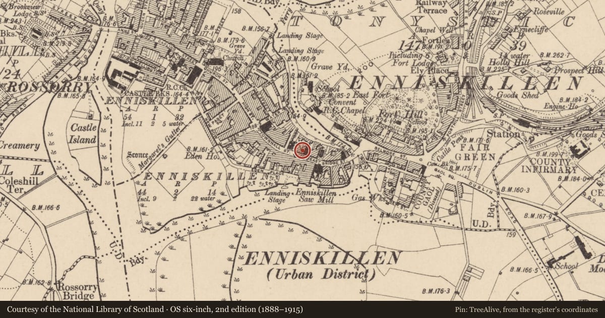 Ordnance Survey six-inch map, 2nd edition (1888–1915) covering the location of Royal Hotel, Fermanagh and Omagh, with a pin at the register's coordinates