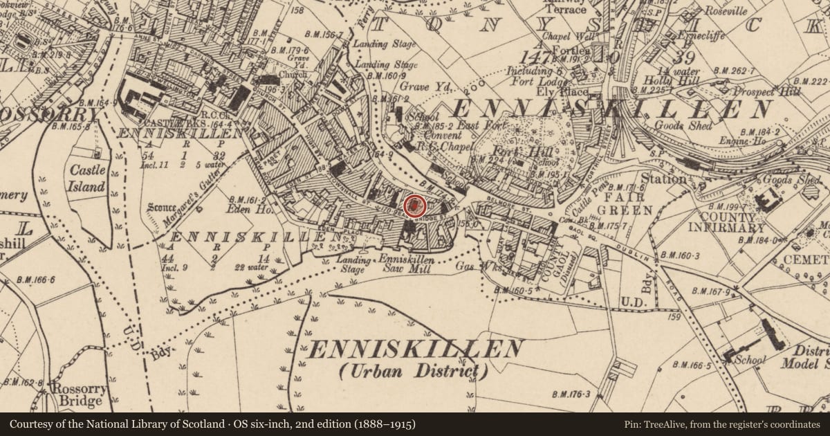 Ordnance Survey six-inch map, 2nd edition (1888–1915) covering the location of Presbyterian Church, Fermanagh and Omagh, with a pin at the register's coordinates