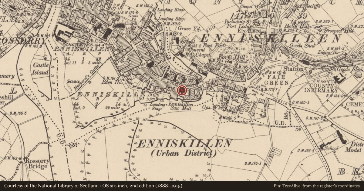 Ordnance Survey six-inch map, 2nd edition (1888–1915) covering the location of Court House, Fermanagh and Omagh, with a pin at the register's coordinates