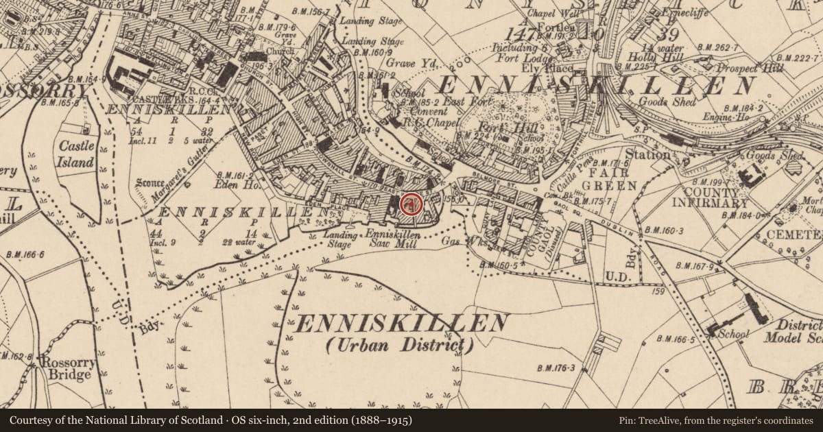 Ordnance Survey six-inch map, 2nd edition (1888–1915) covering the location of 21 East Bridge St., Fermanagh and Omagh, with a pin at the register's coordinates