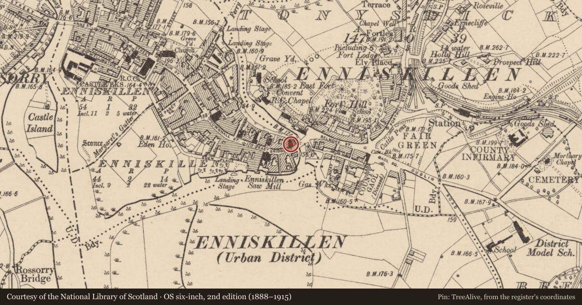 Ordnance Survey six-inch map, 2nd edition (1888–1915) covering the location of Orange Hall, Fermanagh and Omagh, with a pin at the register's coordinates