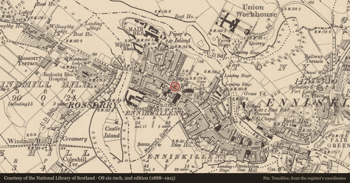 Ordnance Survey six-inch map, 2nd edition (1888–1915) covering the location of 3, 3A AND 3B Darling St., Fermanagh and Omagh, with a pin at the register's coordinates